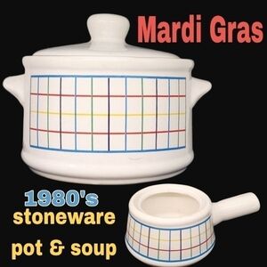 1980's/90's Mardi Gras pattern stoneware? cooking pot & French onion soup bowl